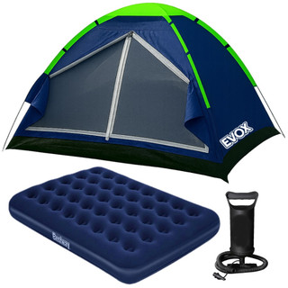 Kit Barraca Camping 4 Pessoas A Prova D'Água + Colchão Inflável Casal Resistente + Bomba de Ar