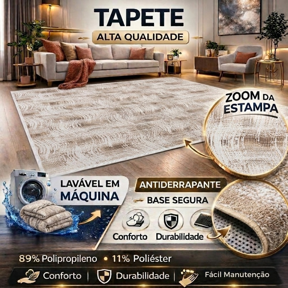 Tapete Sala 1,50x2,00 Grande Antiderrapante Lavável Macio Luxo Quarto Decorativo Moderno Conforto
