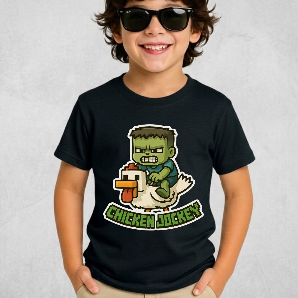 Camiseta Infantil Menino Minecraft Chicken Jockey Frango e Mini Zombie Blusa em Algodão Premium