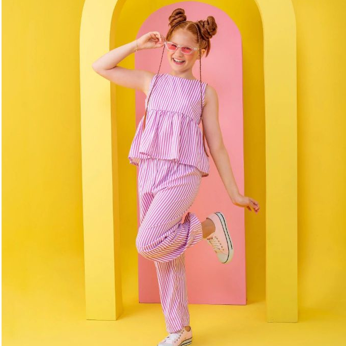 Oferta Loja Nova Conjunto Infantil Feminino Listrado Blusa e Calça Crepe Sedinha Menina Casual