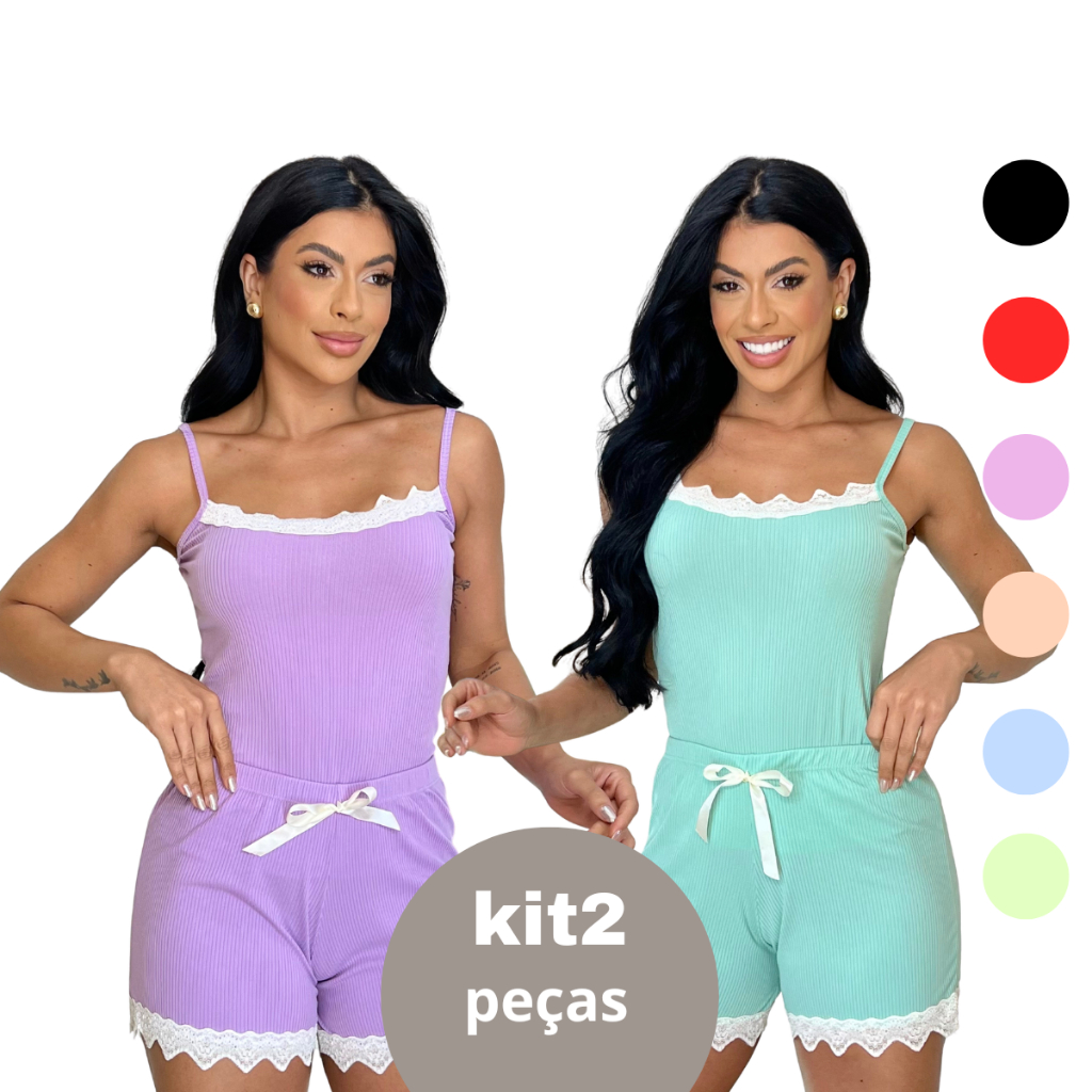 Kit 2 Pijamas Baby Doll Sexy Short Doll Canelado Feminino Detalhe de Renda Luxo Premium Sem Bojo