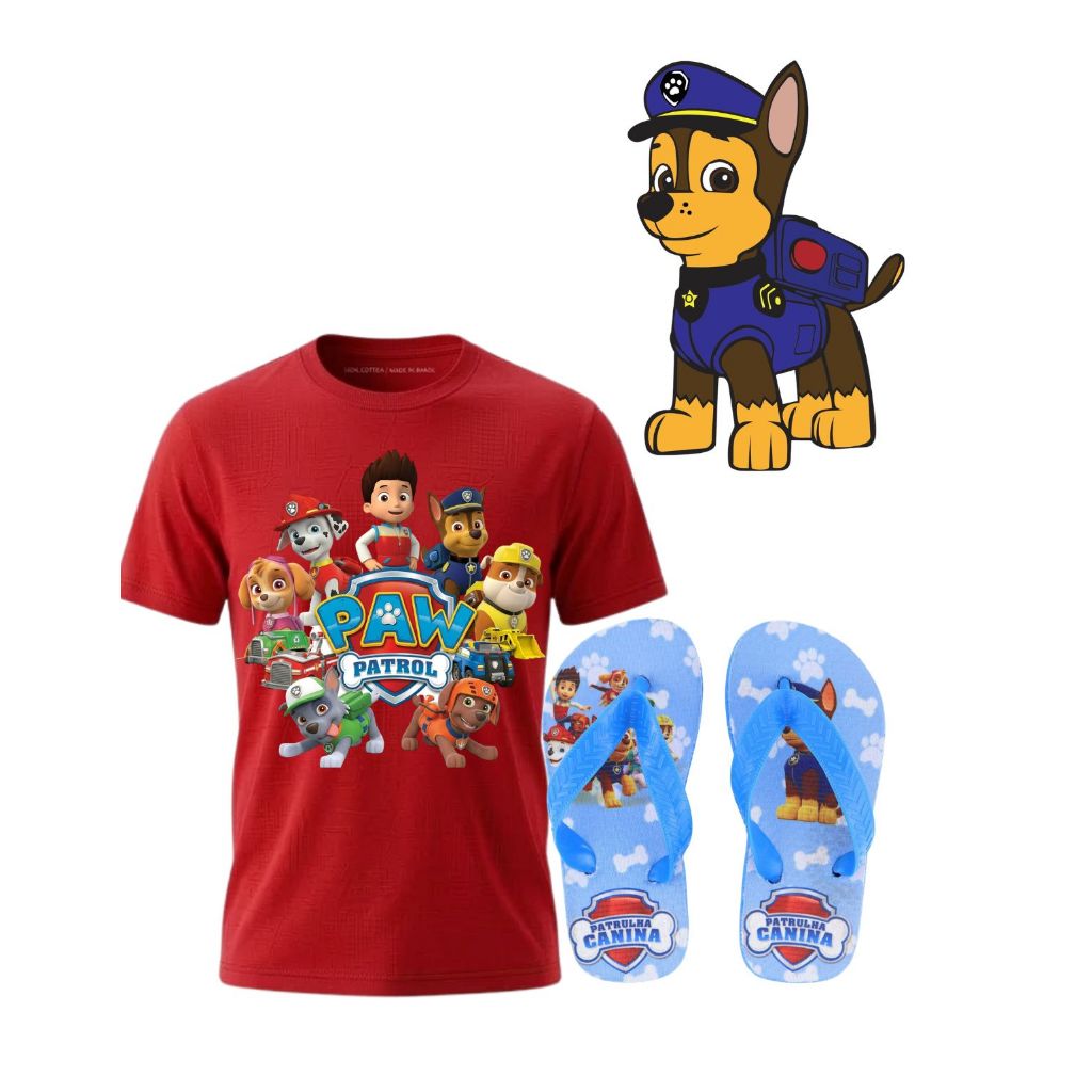 Camisa e chinelo infantil masculino da patrulha canina  vermelho, super kit 2 em 1 macio e confortável
