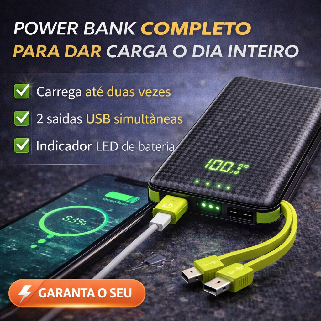 Carregador Portátil Power Bank 10000mAh 2 USB LED Bateria Externa para Celular