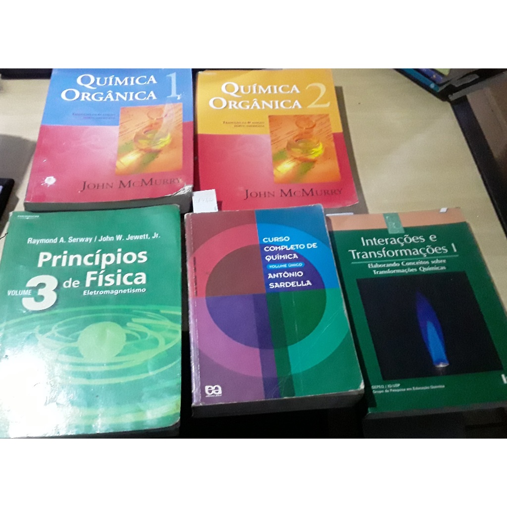 Livro Química orgânica 1 e 2 + Princípios de física volume 3 + Curso completo de química + Interações e trans 05 volumes