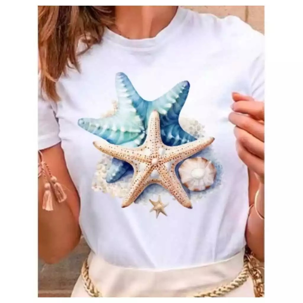 Camiseta Feminina Estilosa Estrela do Mar Concha Perola Lançamento