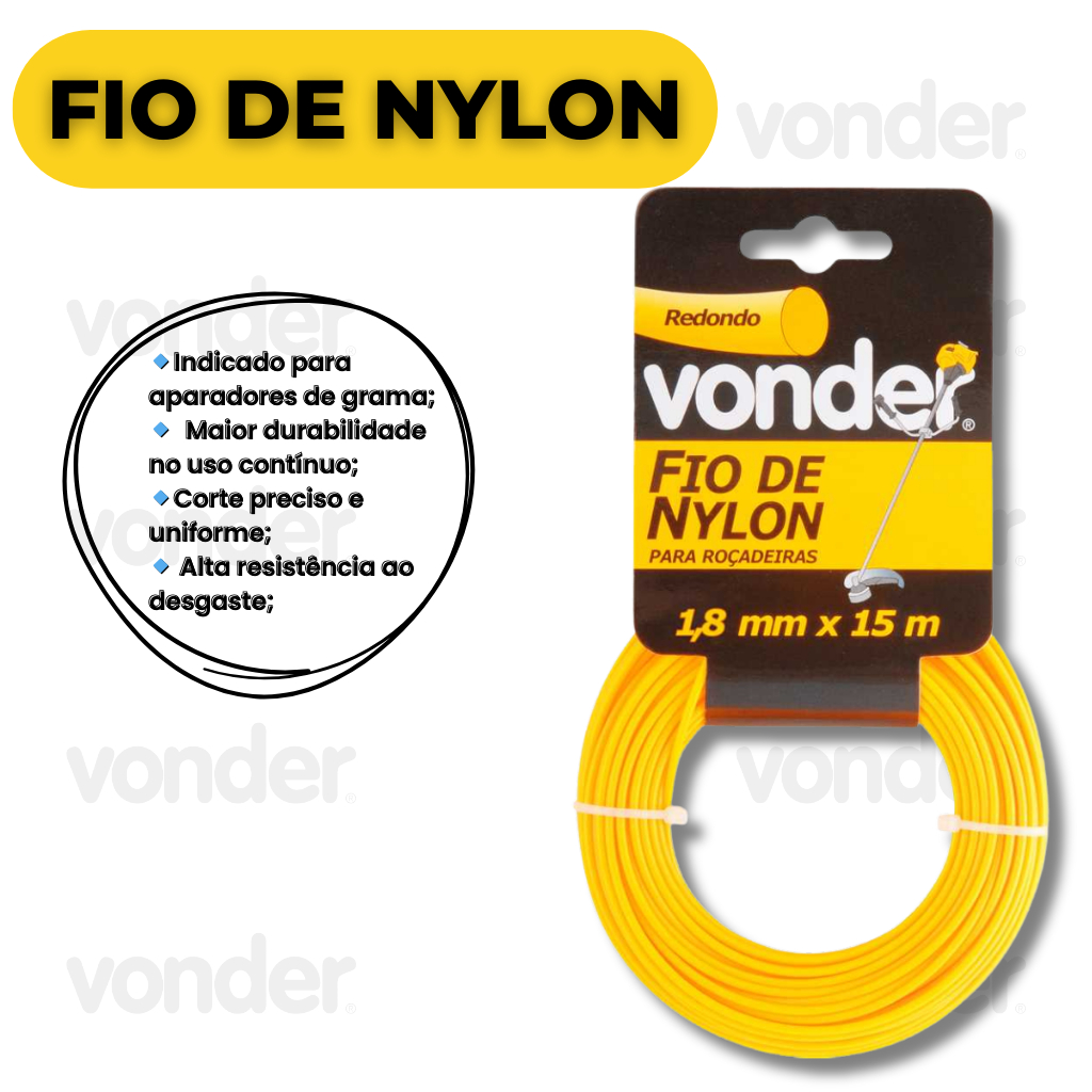 Imagem Fio Nylon Aparador Grama 15m Alta Resistência Corte Preciso Perfil Redondo Amarelo Durável Roçadeira