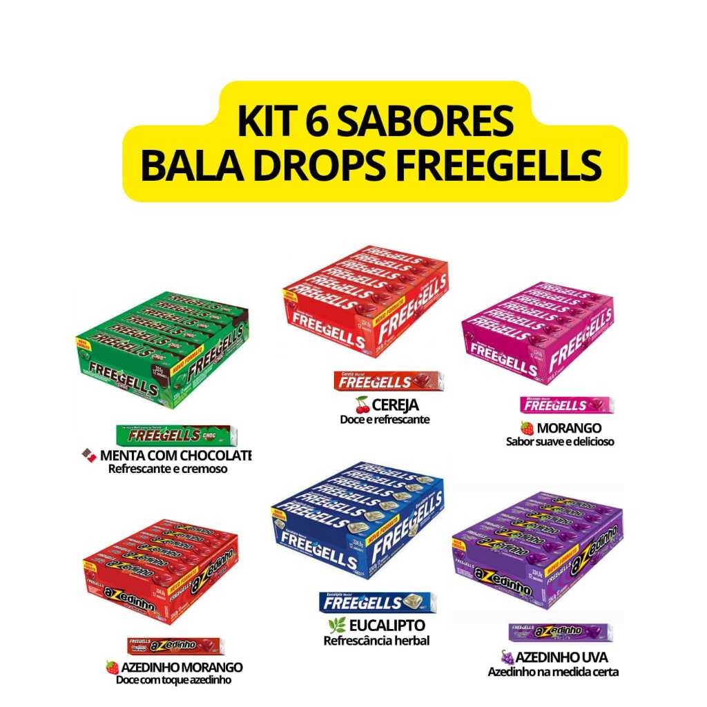 Kit Bala Drops Freegells | 6 Caixas C/ 12 unidades cada | Sabores Sortidos | Mais Vendidos | Barato | Top de Vendas
