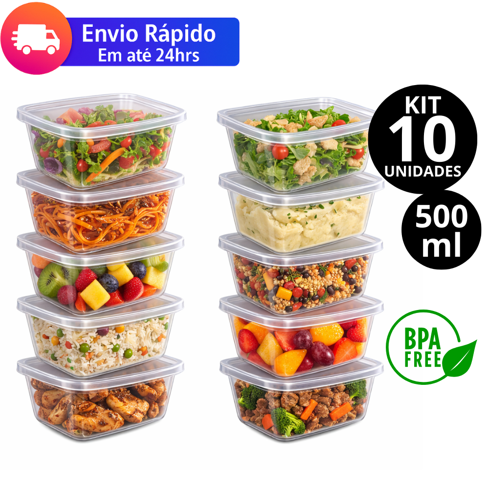 Kit 10 Potes 500ml Retangular Transparentes REFORÇADA Reutilizável Freezer e Microondas BPA Free Organizador de Alimento