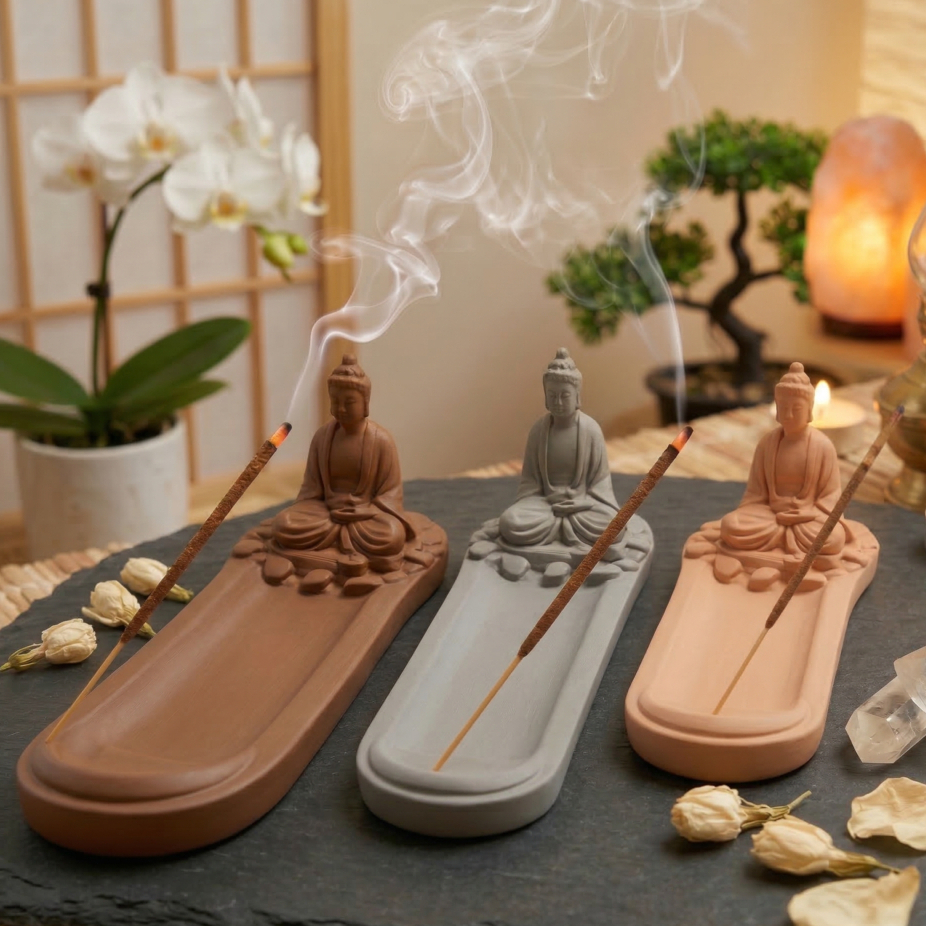 Imagem Porta Incenso Incensário Buda Decoração Zen Yoga Meditação Aromaterapia Cascata Fumaça Cores Kit