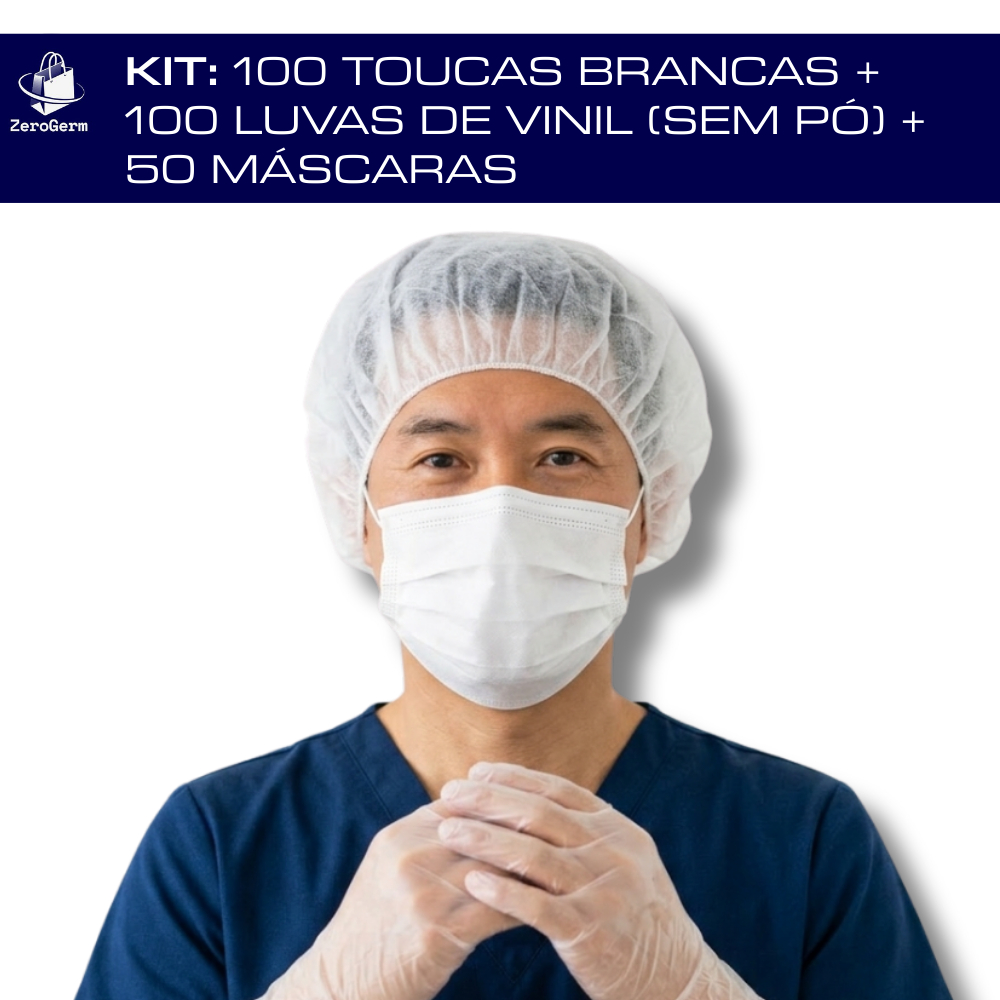 Kit 100 Uni. Luva Vinil SEM PÓ + 100 Touca Branca TNT + 50 Máscaras c/ Clipe Nasal | Cores Diversas