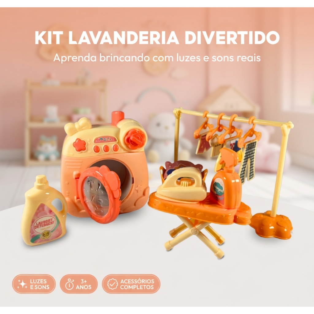 Kit Lavanderia Infantil Máquina Lavar Ferro Tábua Brinquedo Educativo Criança Completo Top