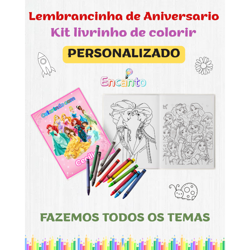 Livrinho de colorir Princesas kit com 10, PERSONALIZADO lembrancinha de aniversário