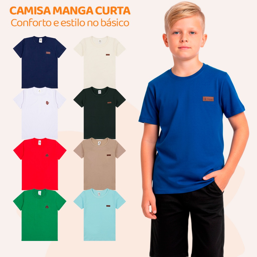 Kit 3 Camisetas Manga Curta Infantil Menino Básica Lisa Tamanho 2 ao 12
