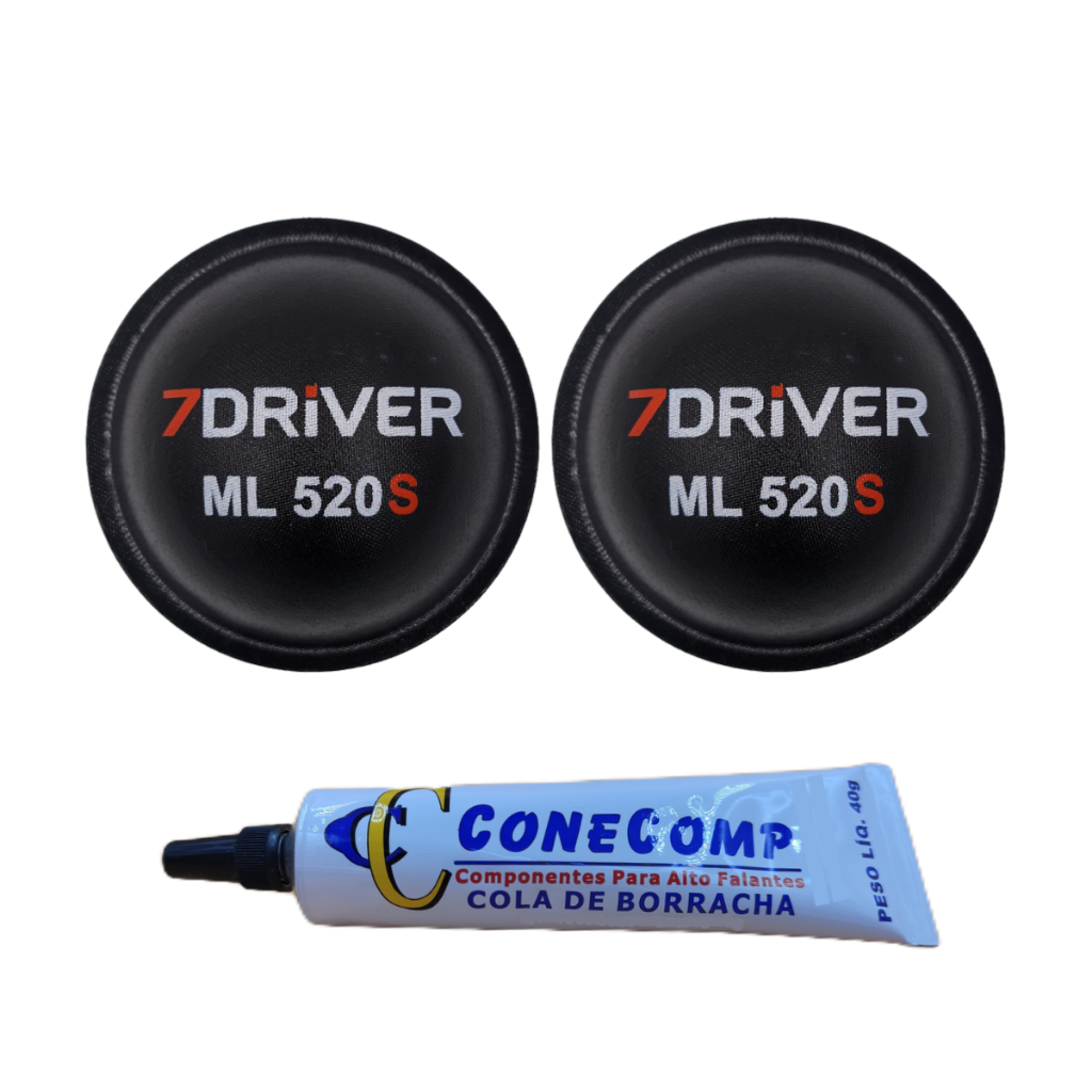 Kit 2 Protetores Calota 7Driver ML 520S Tetinha 95mm Tampografado Para Alto Falante + 1 Cola Borracha Preta 40g