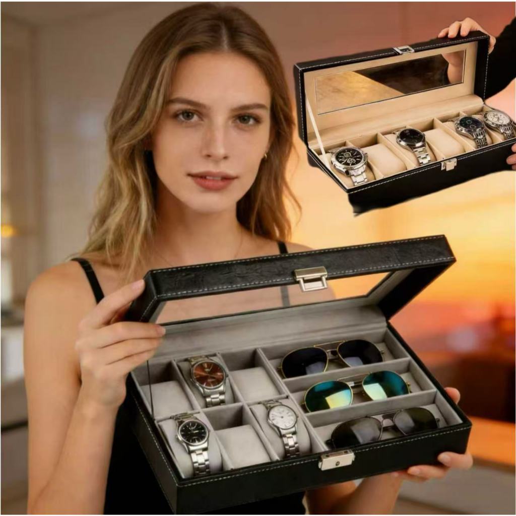 Porta Relógio Estojo Caixa Com 6 Nichos Divisórias Luxo Veludo E Couro Luxo-com espelho