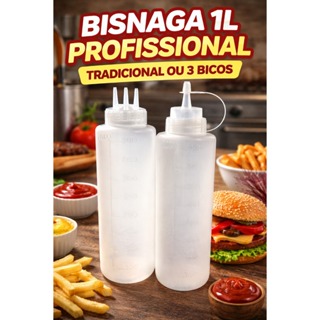 Bisnaga 1 Litro para Molhos | Tradicional ou 3 Bicos | Ideal para Lanchonete e Cozinha em Oferta na Shopee