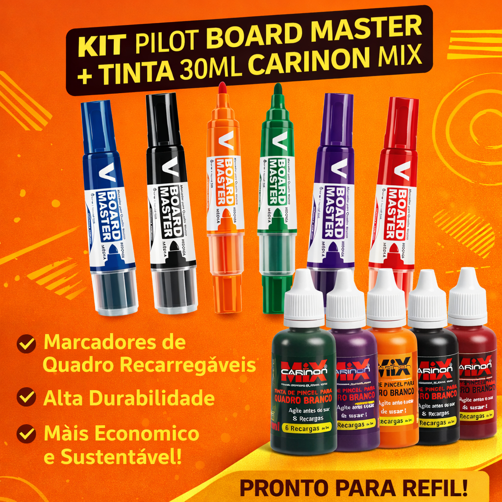 Kit Pincel Marcador de Quadro Branco Pilot Board Master + Tinta Refil de Caneta Tinteiro 30ml
