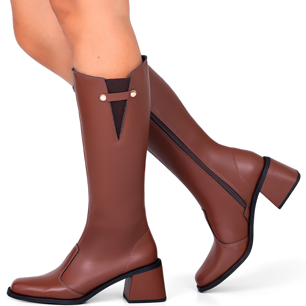 Bota Feminina Lumiss Cano Alto Salto Bloco Médio Elástico Bico Quadrado