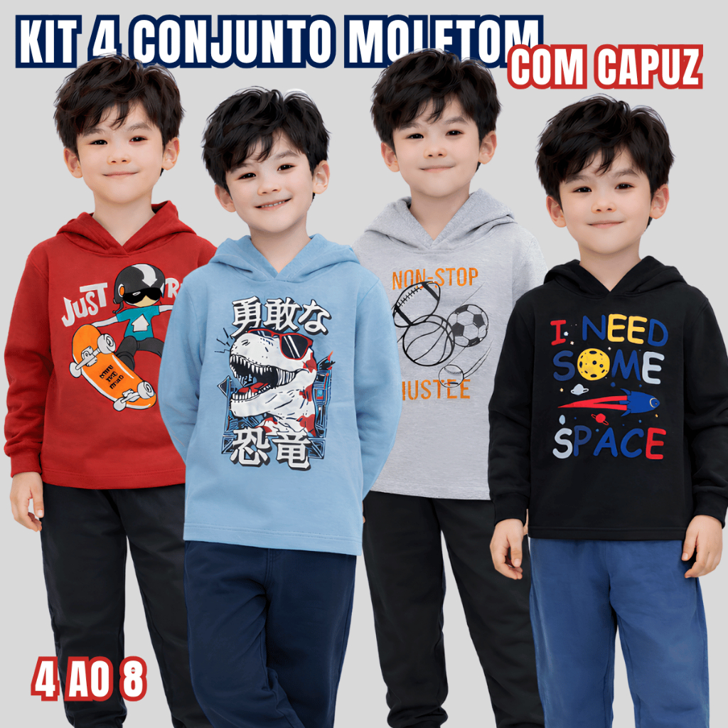 Kit 4 Conjunto Masculino Capuz Moletom Tam 4 ao 8 Inverno Confortável Estampado Gatinho Escola Macio