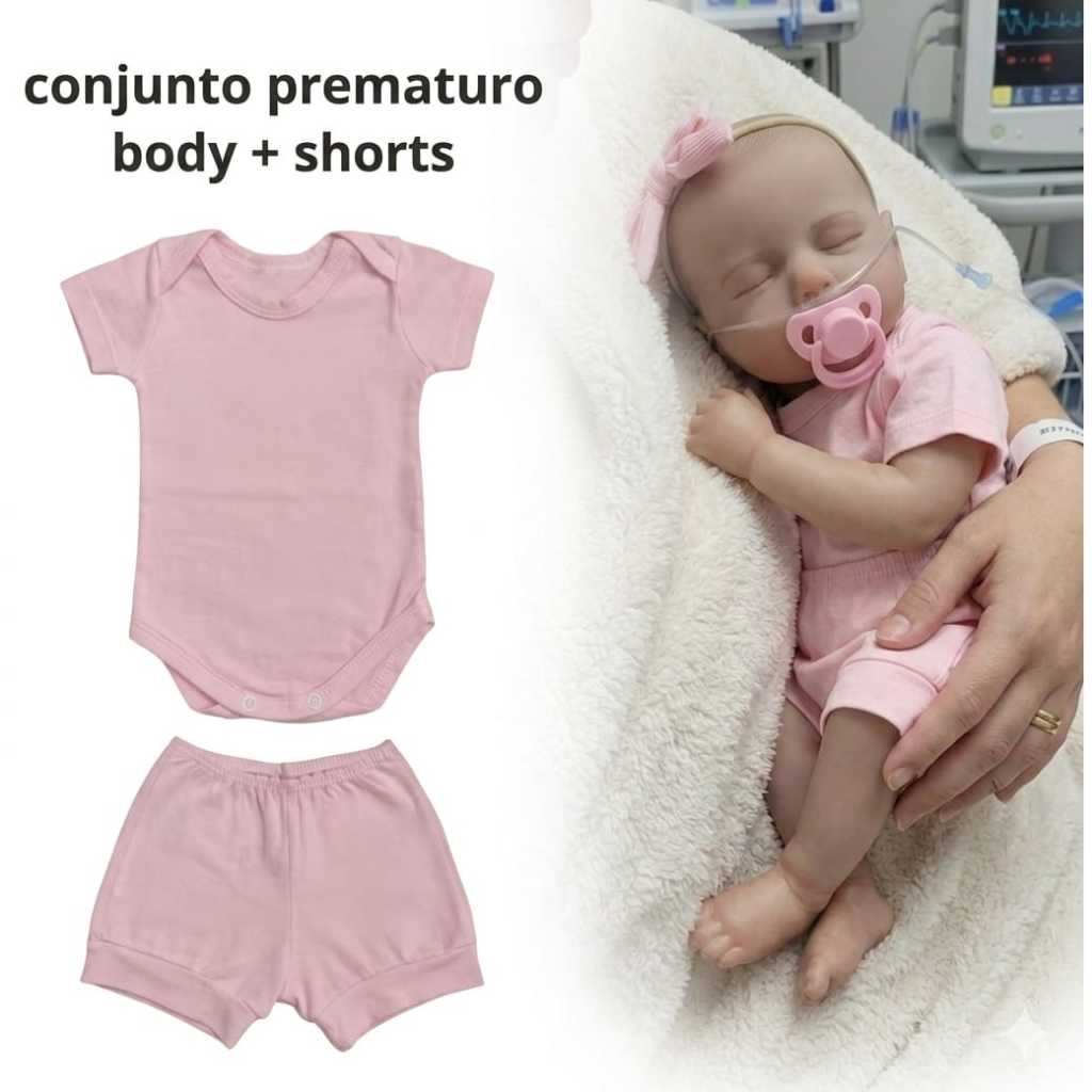 Conjunto de Calor para Bebê Prematuro ou Boneca Reborn com Body Manga Curta e Shorts em Algodão