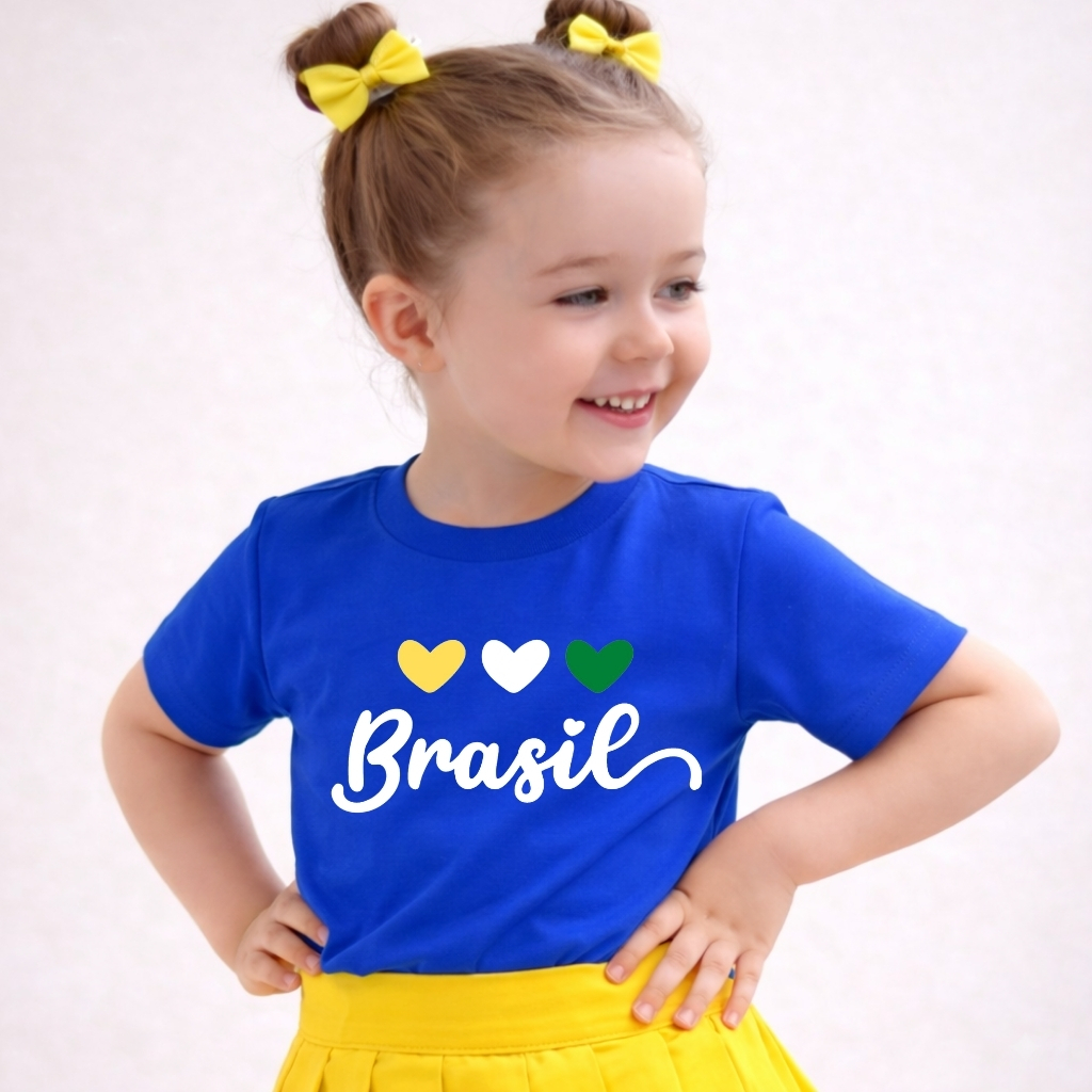 Camiseta Infantil Brasil 100% Algodão Estampada Personalizada Tercedor Copa do Mundo Blusinha Juvenil