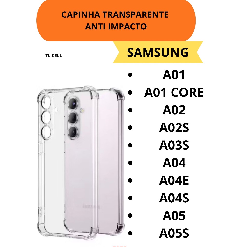 Capinha Transparente para Samsung A01/A01 Core/A02/A02S/A03/A03S/A04/A04E/A04S/A05/A05S/ Bordas Alta