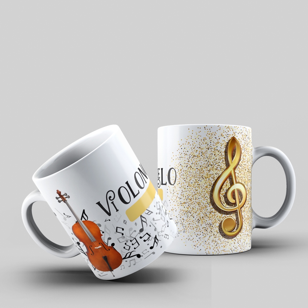 Caneca Violoncelo Luxo – Clave de Sol Dourada e Notas Musicais – Presente Música 325ml