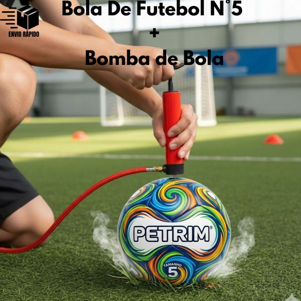 Kit Bola de Futebol Petrim N°5 + Bomba de Ar com Bico e Mangueira Oficial Campo Society Resistente