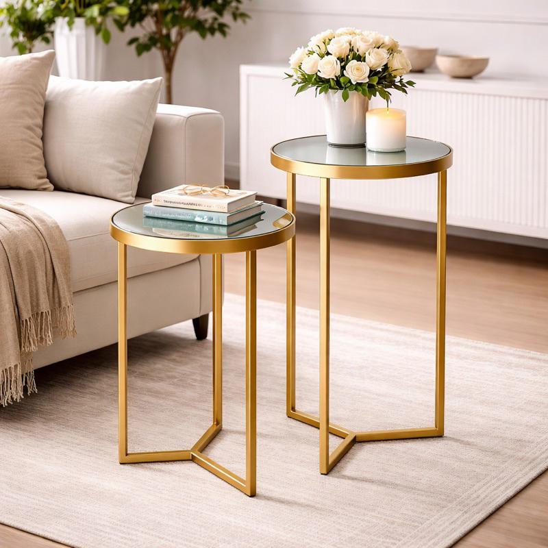 Mesa Lateral Espelhada Redonda Promoção Luxo Sala Moderna Ferro Resistente
