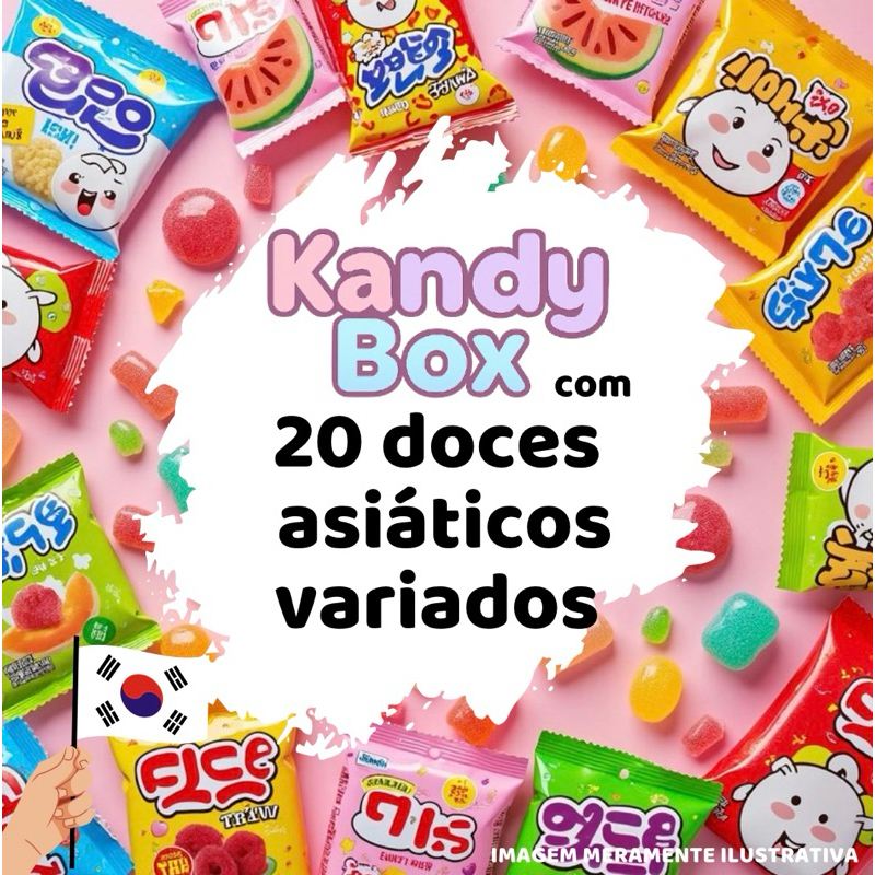 Box Asiática com 20 Balas/Doces Variados Coreanos Japoneses Importados + Brinde