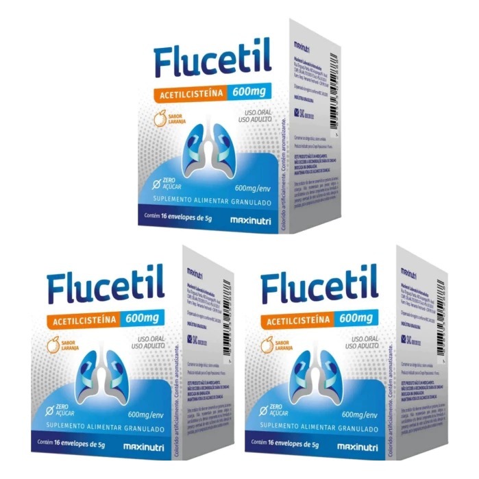 Kit 3x Flucetil 600mg Acetilcisteína C/16 Envelopes | Sabor Laranja | Zero Açúcar Maxinutri
