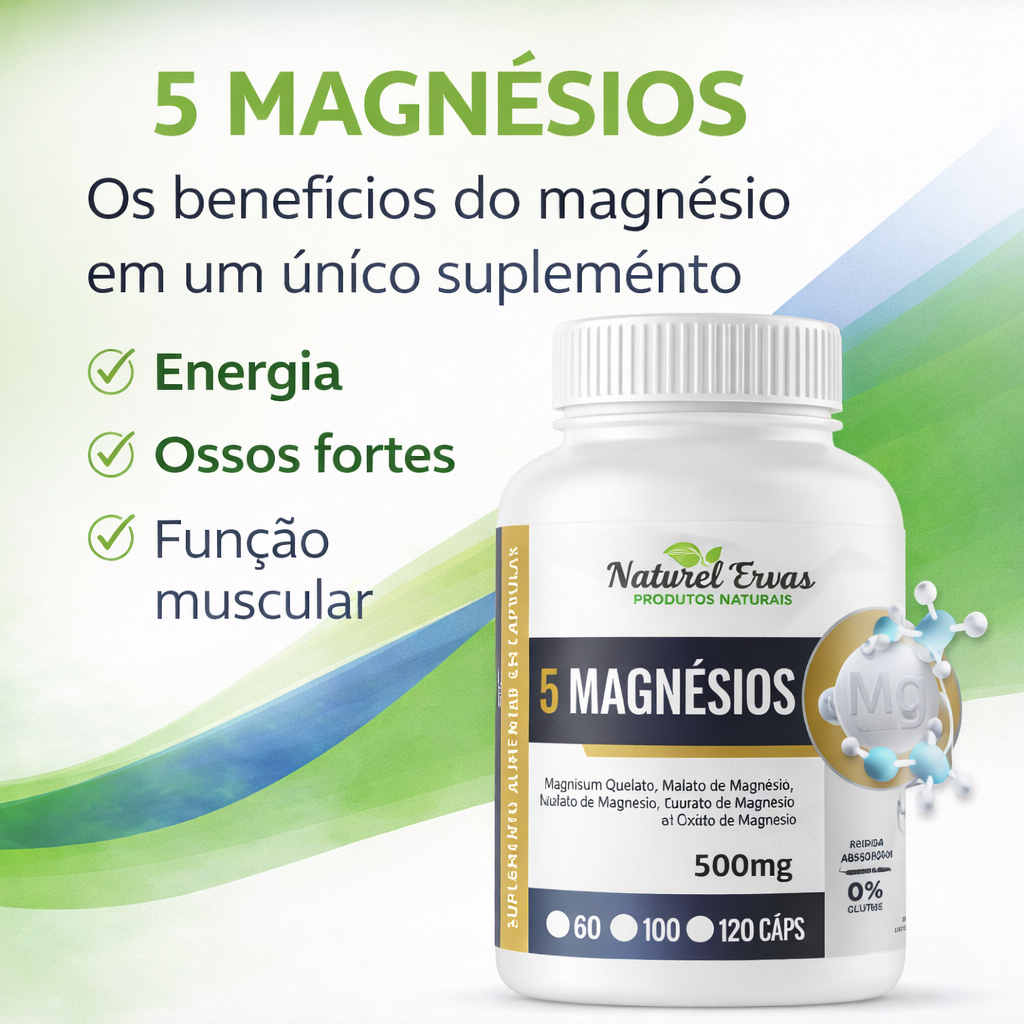 5 MAGNÉSIOS 120 cápsulas 500mg Magnésio Quelato, Malato, Turato, Citrato e Óxido