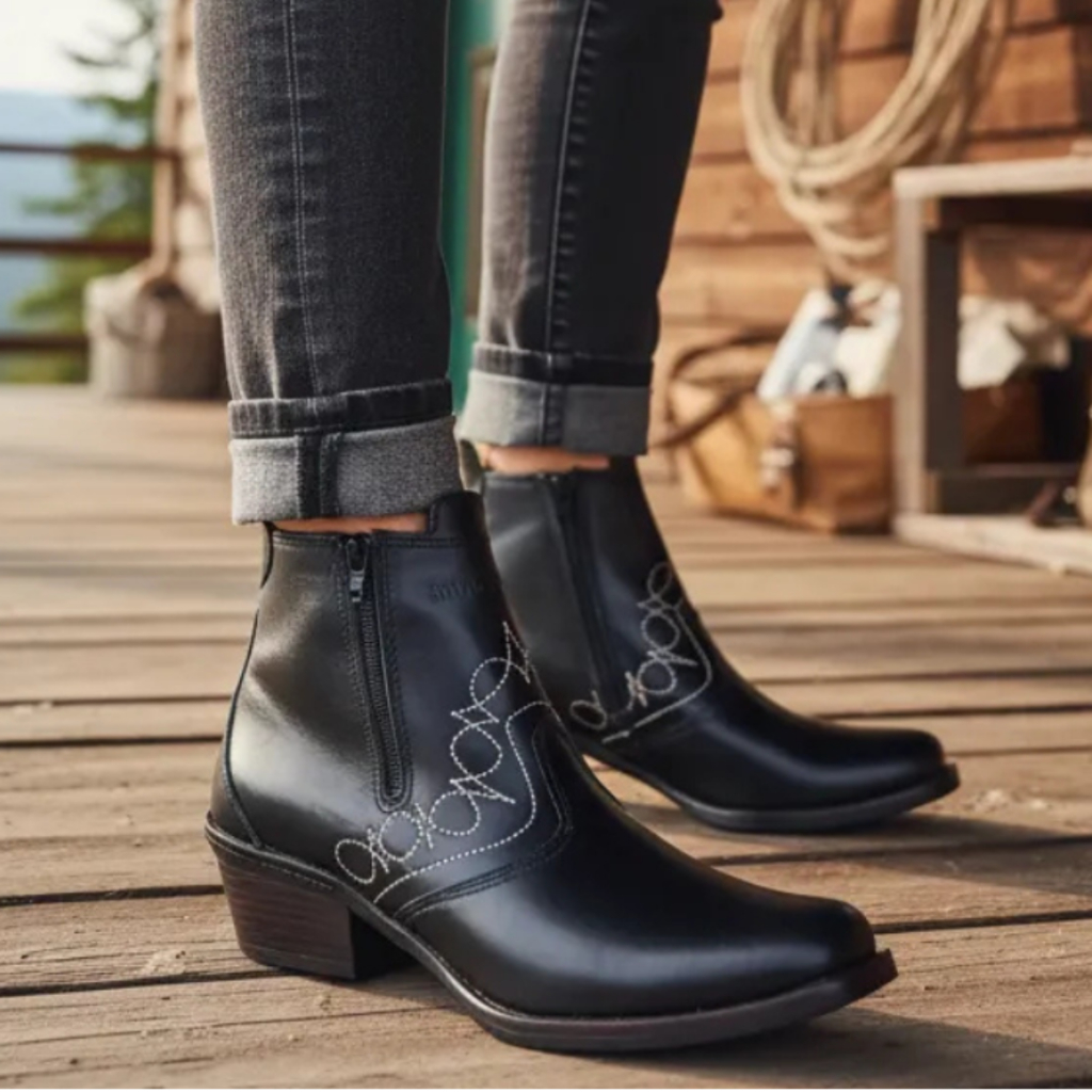 Bota Country Feminina Com Ziper Bota Cor Preta em Couro Vaqueta Botinha Mulher Moça Menina 3536