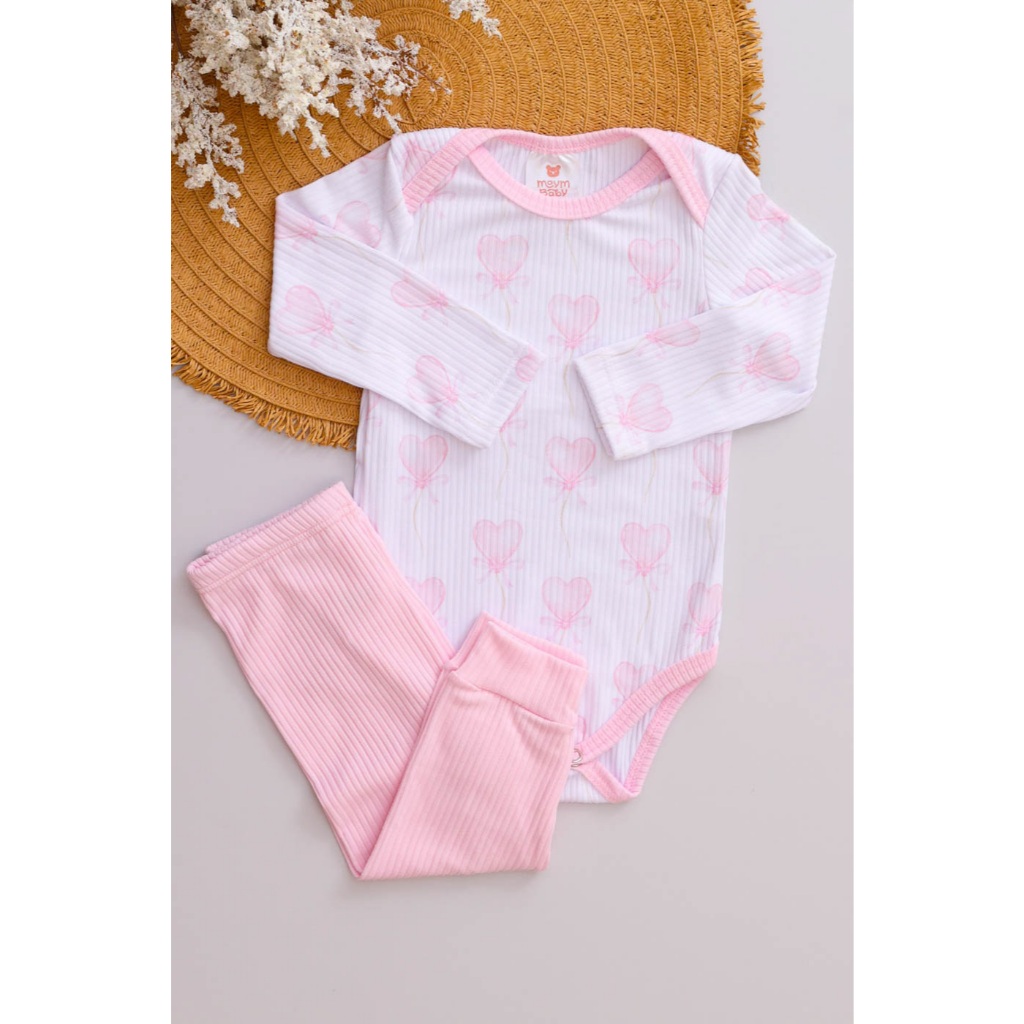 Conjunto Bebê Canelado Menina Body Infantil com Estampa de Balão de Coração e Calça Rosa