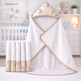 Kit Toalha de Banho para Bebê Forrada + 5 Toalhinhas de Boca Higiênicas