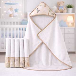 Kit Toalha de Banho para Bebê Forrada + 5 Toalhinhas de Boca Higiênicas em Oferta na Shopee