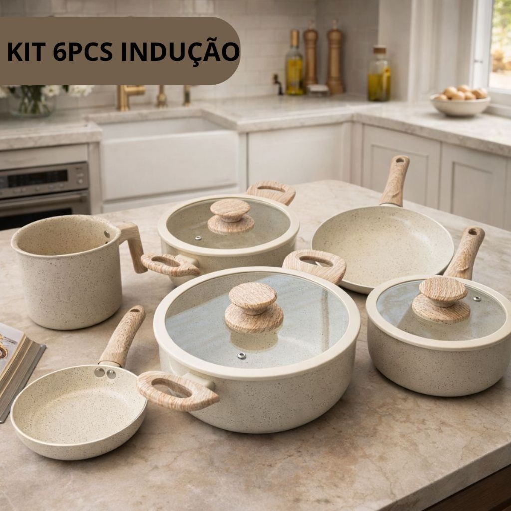 Jogo de Panelas 6 peças Ceramica Indução Antiaderente Creme Chique Mesa posta Casa Nova