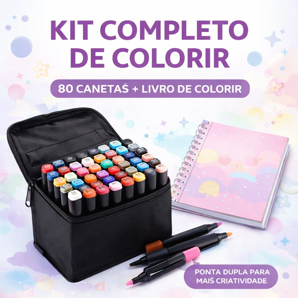 Kit Livro De Colorir Infantil + 80 Canetas Dupla Ponta Estojo