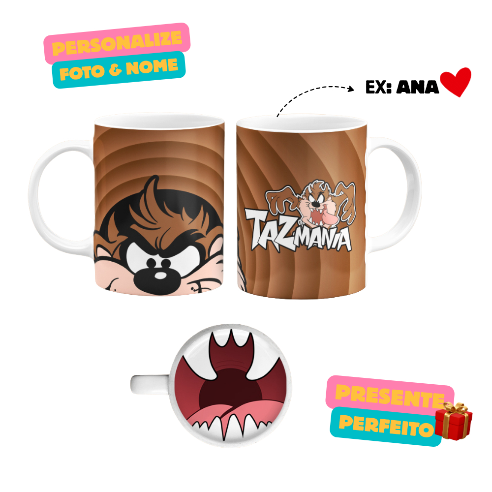 Caneca Personalizada Taz-Mania Looney Tunes Bocão em Cerâmica Branca com Foto, Nome ou Presente Criativo