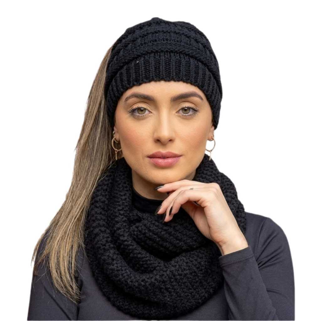 Kit Inverno Touca Gorro Lã Feminina com Furo Rabo de Cavalo + Gola Cachecol Quentinho Frio Moda
