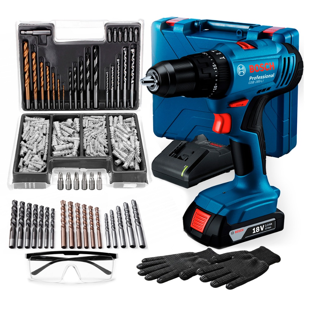 Imagem de Parafusadeira E Furadeira De Impacto Bosch A Bateria 18v Gsb 183-li C/ Kit Brocas Buchas E Bits 300 Peças + Acessórios