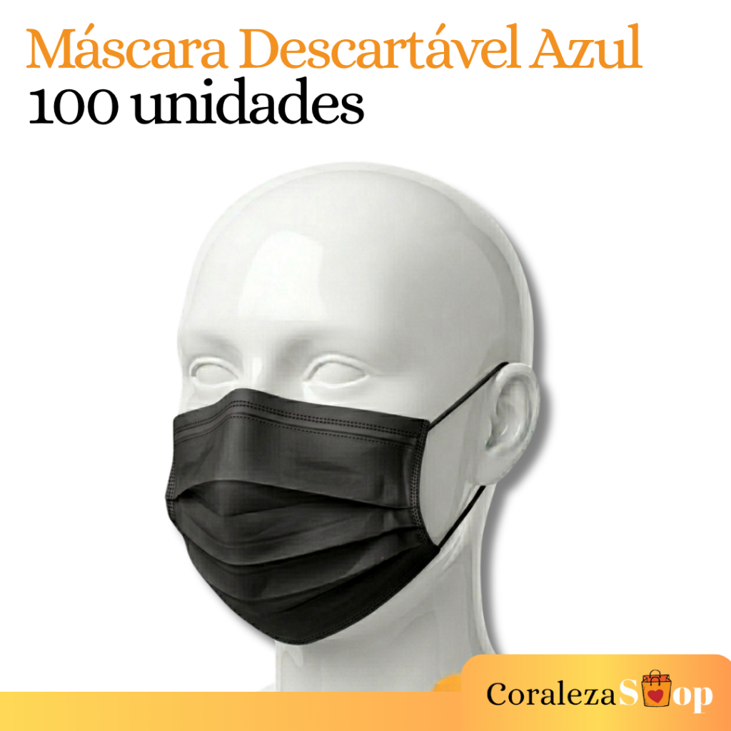 100 Máscara Preta Descartável c/ Clipe Nasal - Tripla Camada