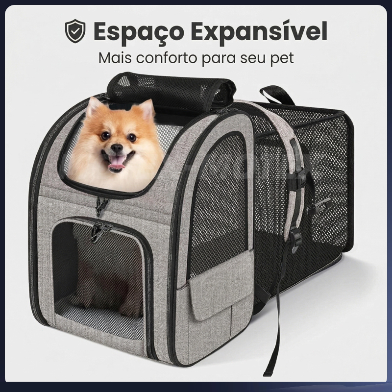Mochila Transportadora Pet Expansível Impermeável para Cães e Gatos com Bolsa e Almofada Confortável
