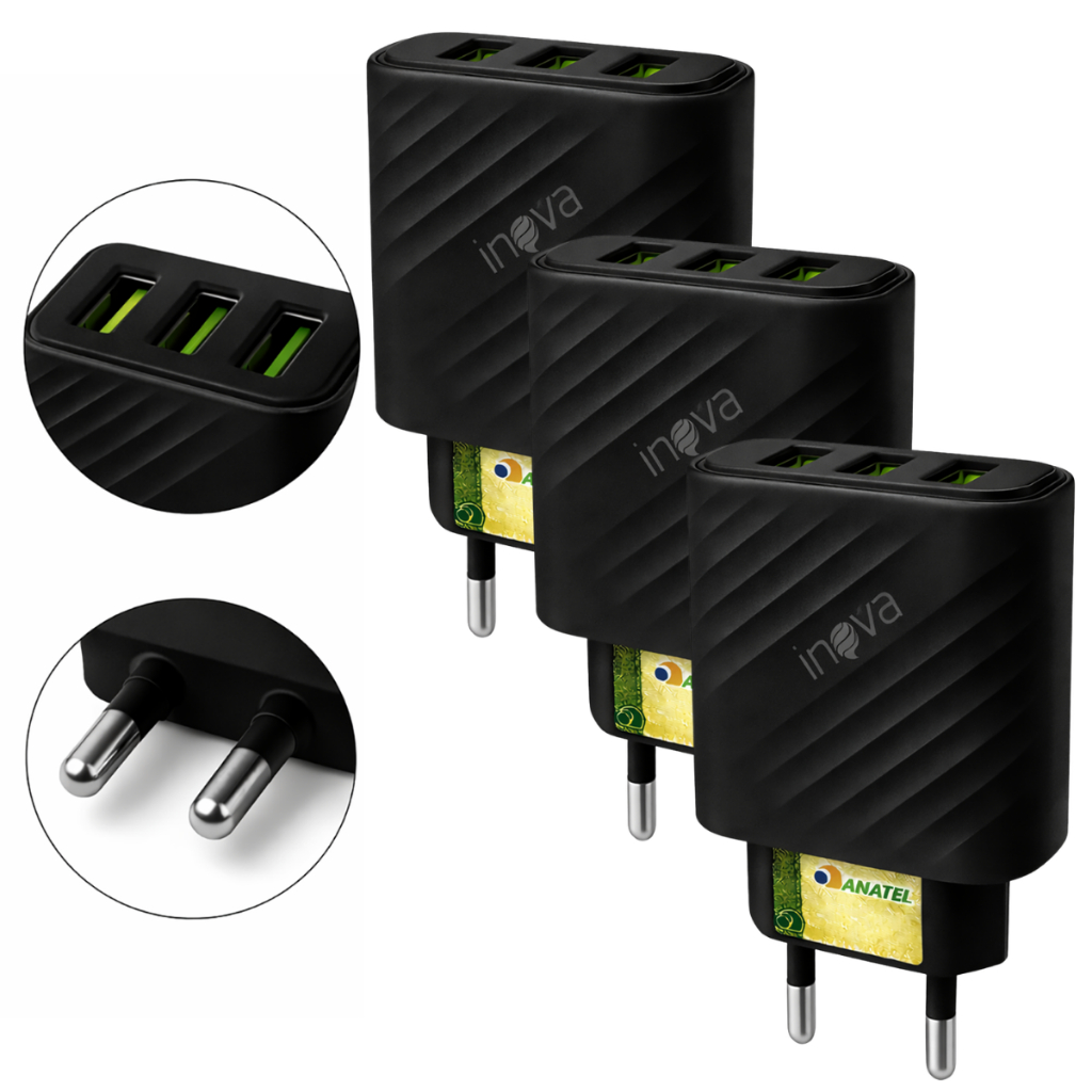 Fonte Inova 3 Entradas USB Adaptador de Carregador para Celular Rápido Original Inova