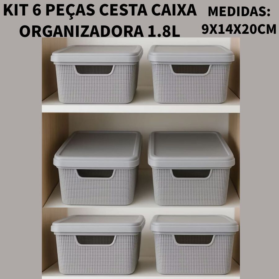 Kit 6 Peças Cesta Caixa Organizadora 1.8L De Objetos Organizadora Com Tampa Juta Multiuso Casa Armario Sala UTILFACIL