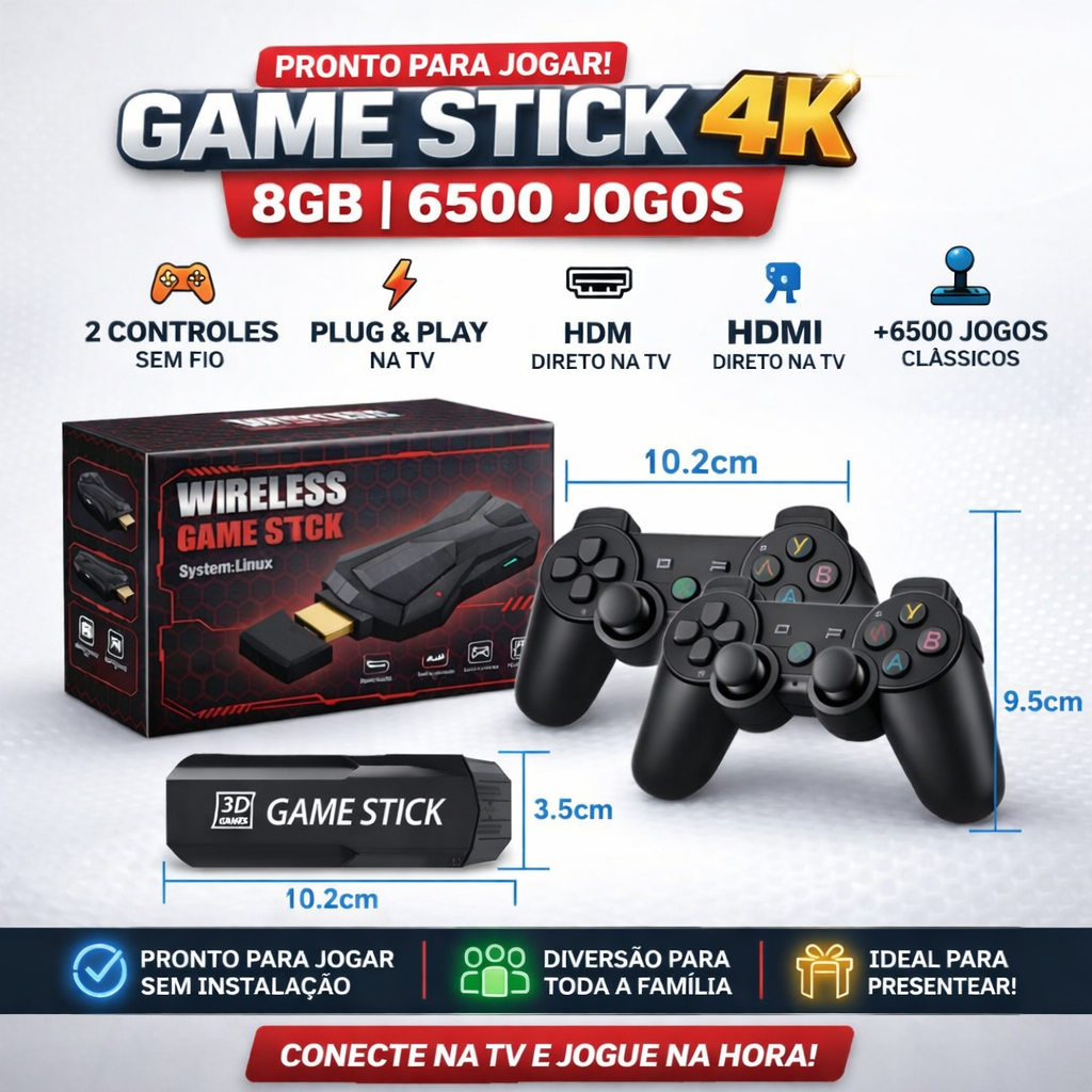 Videogame Retrô Game Stick 4K +6500 Jogos + 2 Controles Sem Fio | Conecte e Jogue na Hora