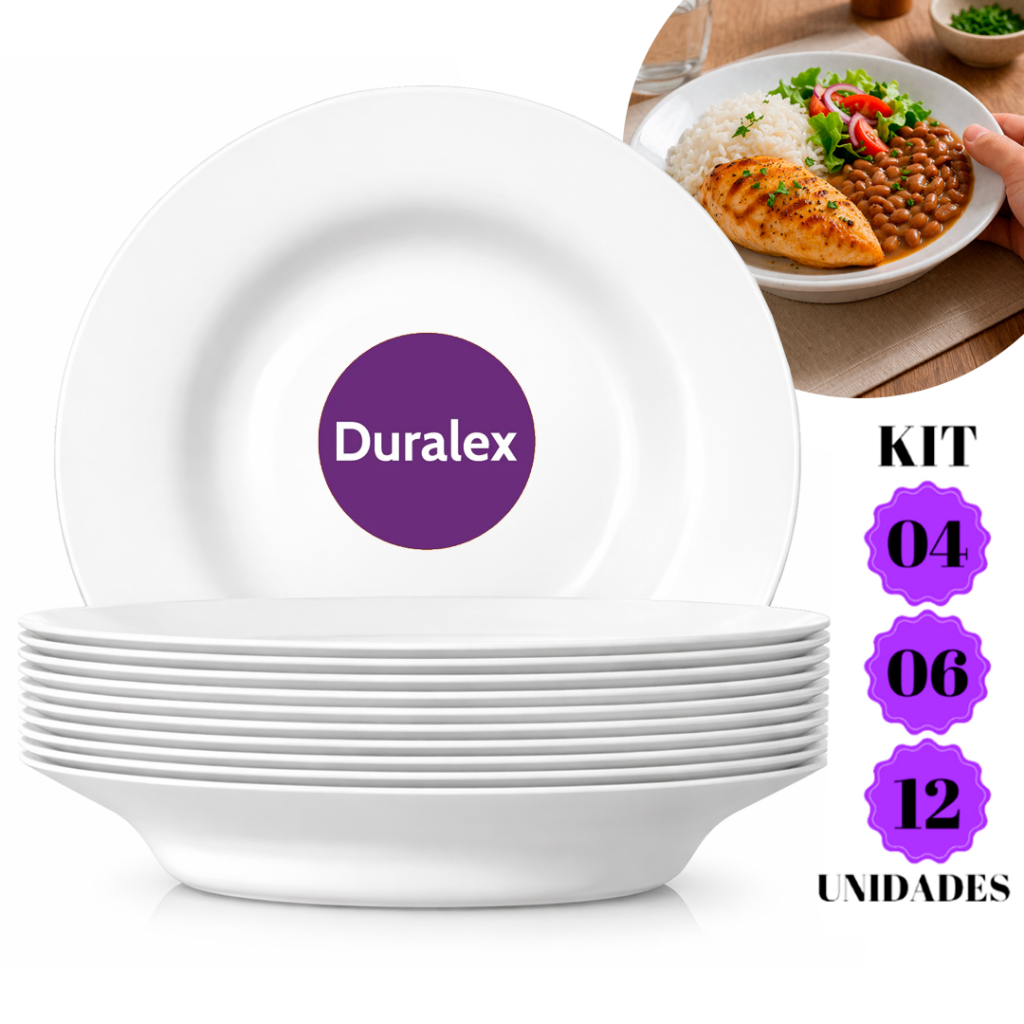 Jogo Kit 12/04 Pratos Opaline Menu Fundo Branco 23Cm Vidro Liso Duralex Temperado Jantar Hotel