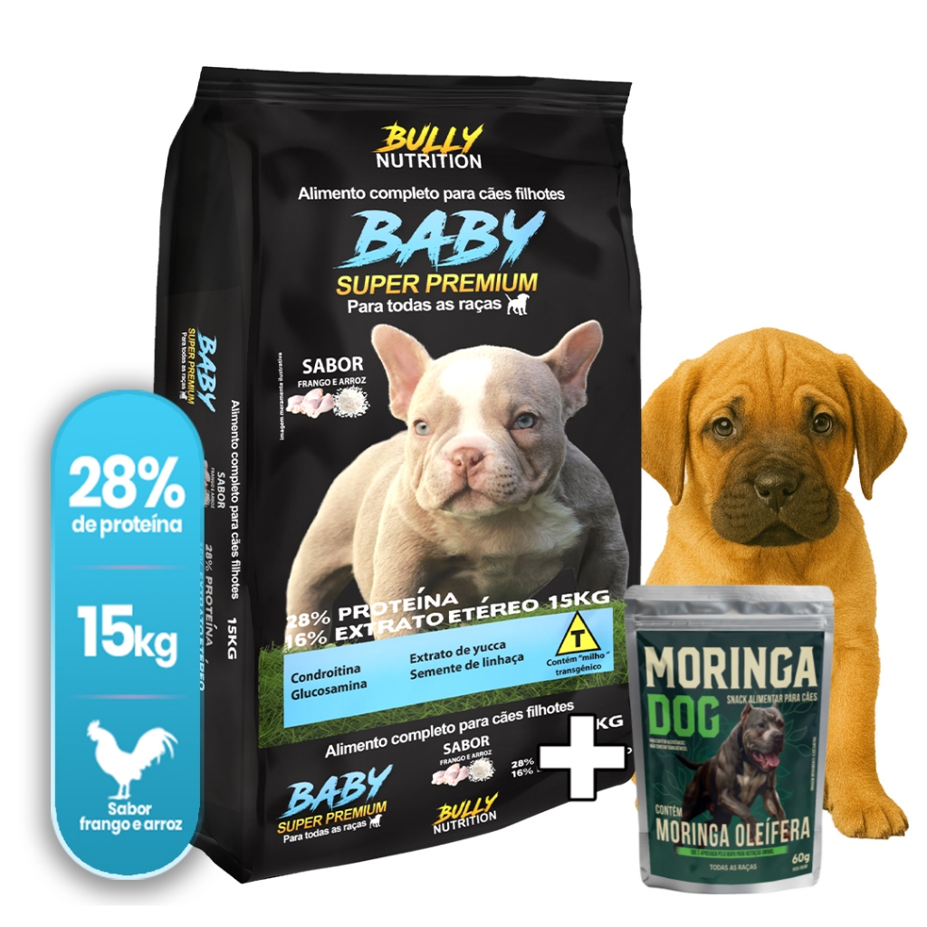 Ração Cães Filhotes Fila Brasileiro Baby SuperPremium 15Kg+Ganhe Moringa Dog 60g|Crescimento Saudavel