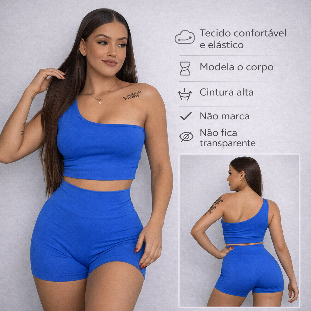 Conjunto Academia Feminino Short e Top Fitness Cintura Alta Suplex Básico Fitness Bumbum