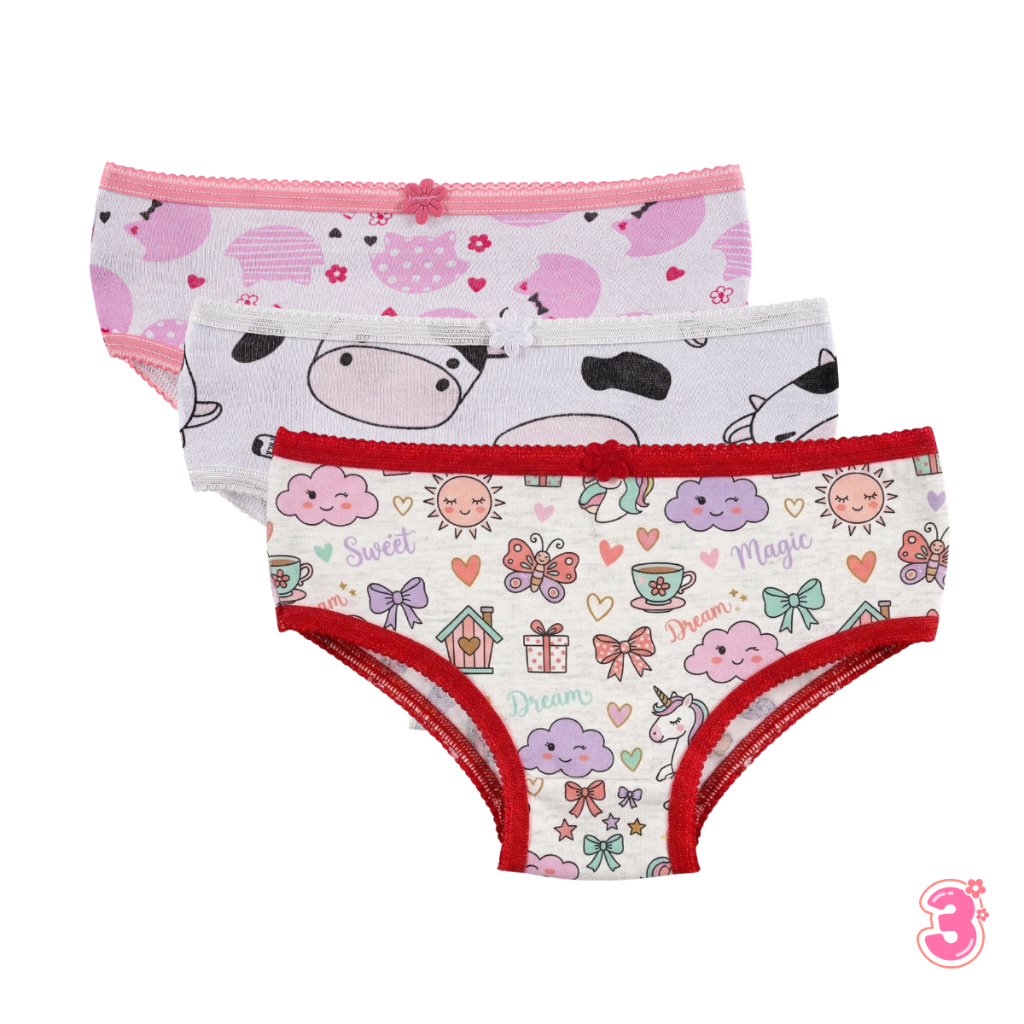 Kit 3 Calcinha Infantil Estampada 100% Algodão Confortável Antialergica Calçolinha Criança Menina